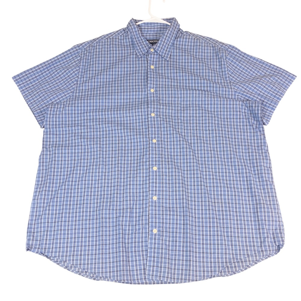 Cherokee Mens XXL Blue Plaid Short Sleeve Button Up Shirt Chest Pocket Casual